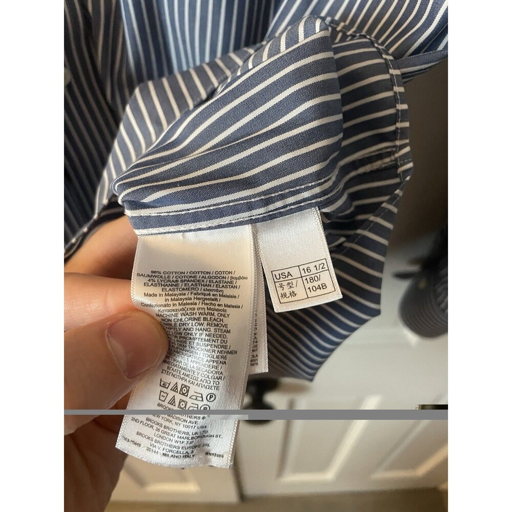Brooks Brothers Milano Fit Shirt Mens 16.5 35 Blue White Stripe Supima Stretch - Picture 6 of 6
